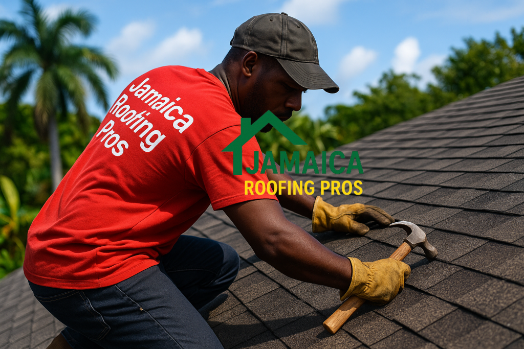 Roofing maintenance contractor repairing a shingles on roof